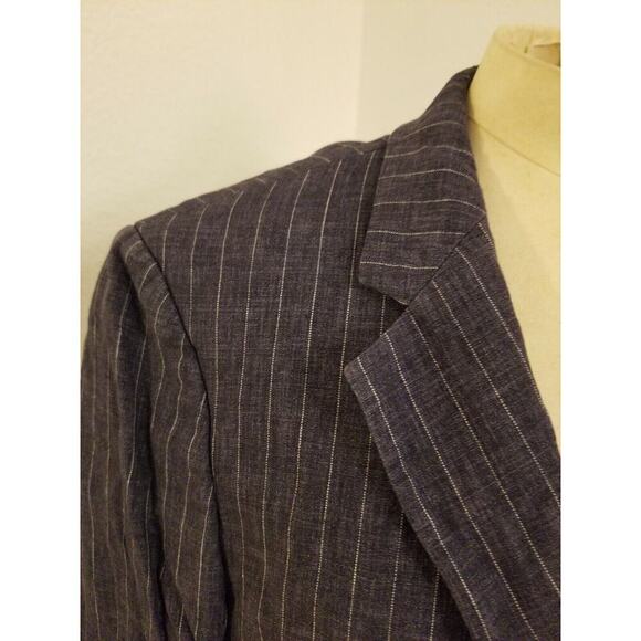 Zara Blazer US 36 Womens 100% Flax Blue White Striped Single Breasted - Picture 3 of 8